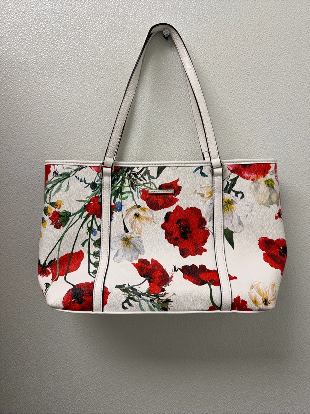 Dana Buchman White Floral Tote with Red Accents